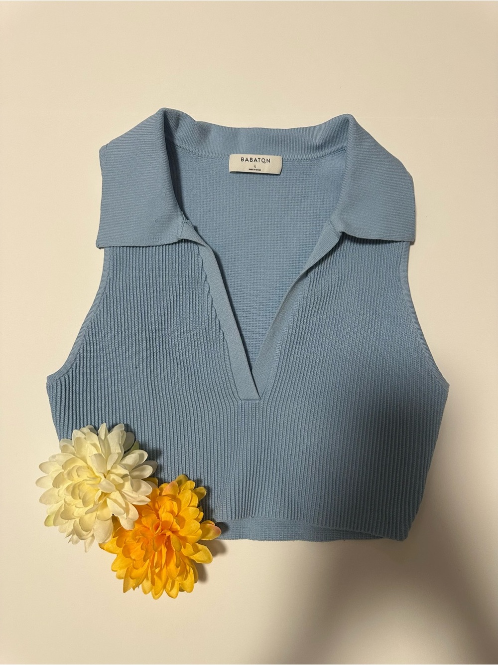 Babaton Light Blue Ribbed V-Neck Polo Crop Tank